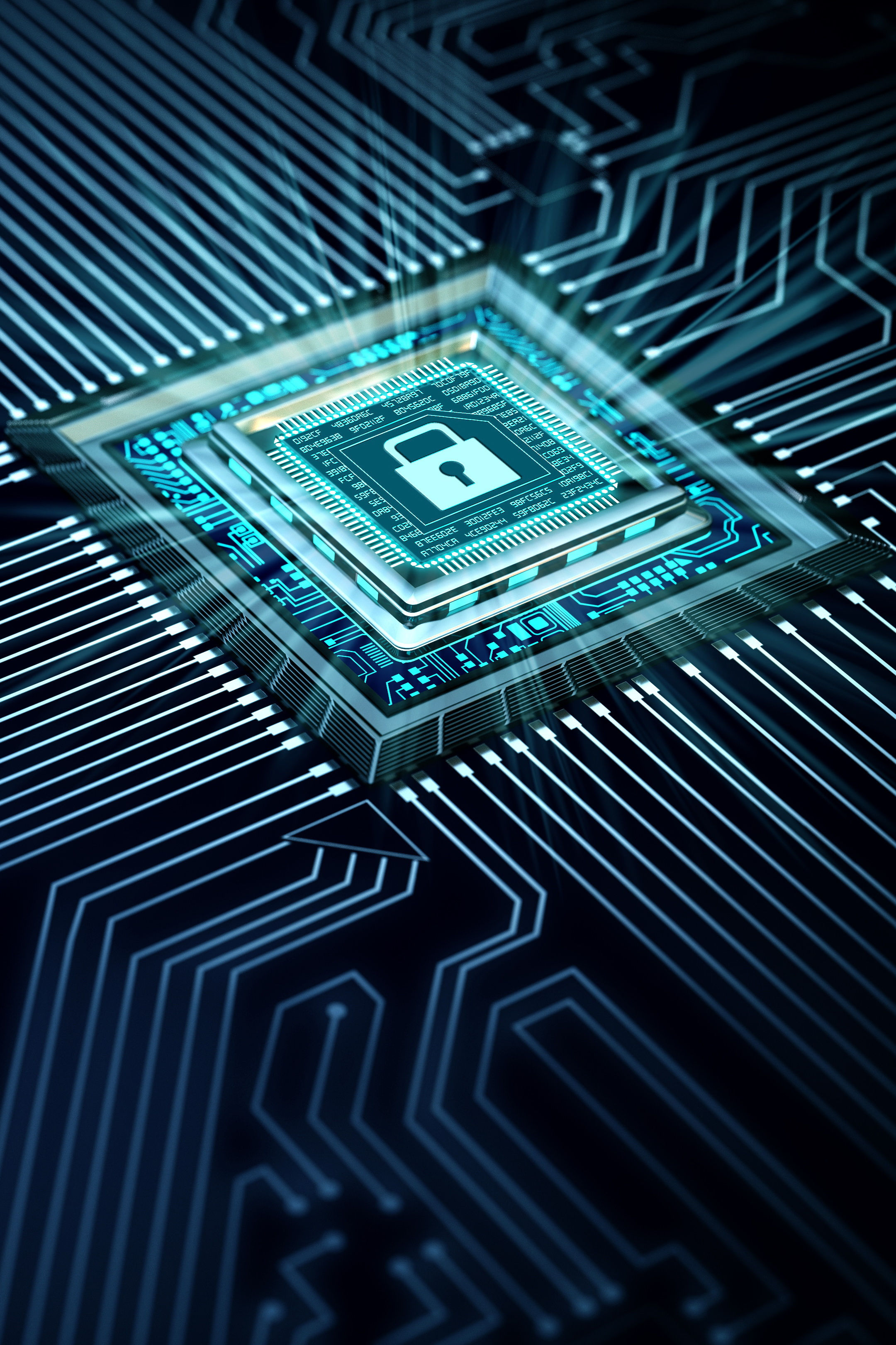 A computer chip with a security lock surrounded by circuitry